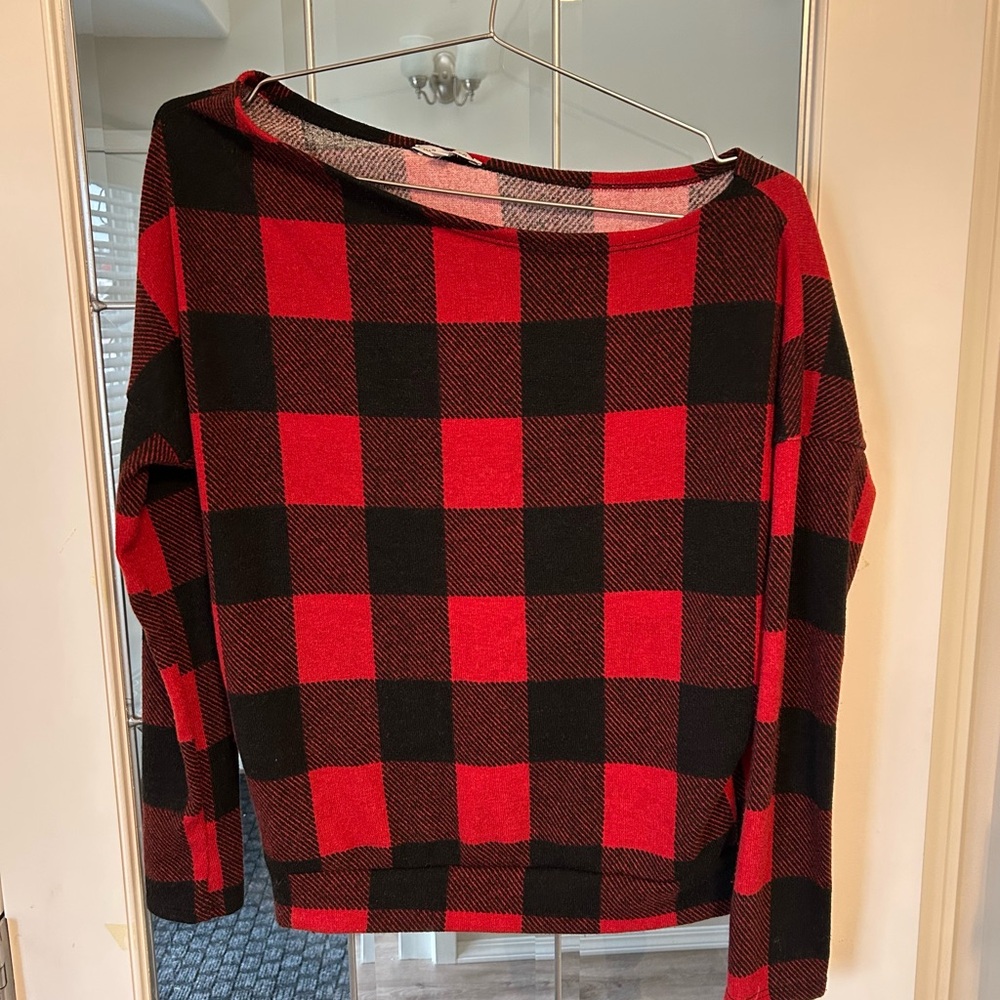 White Birch Off-the-Shoulder Plaid Sweater